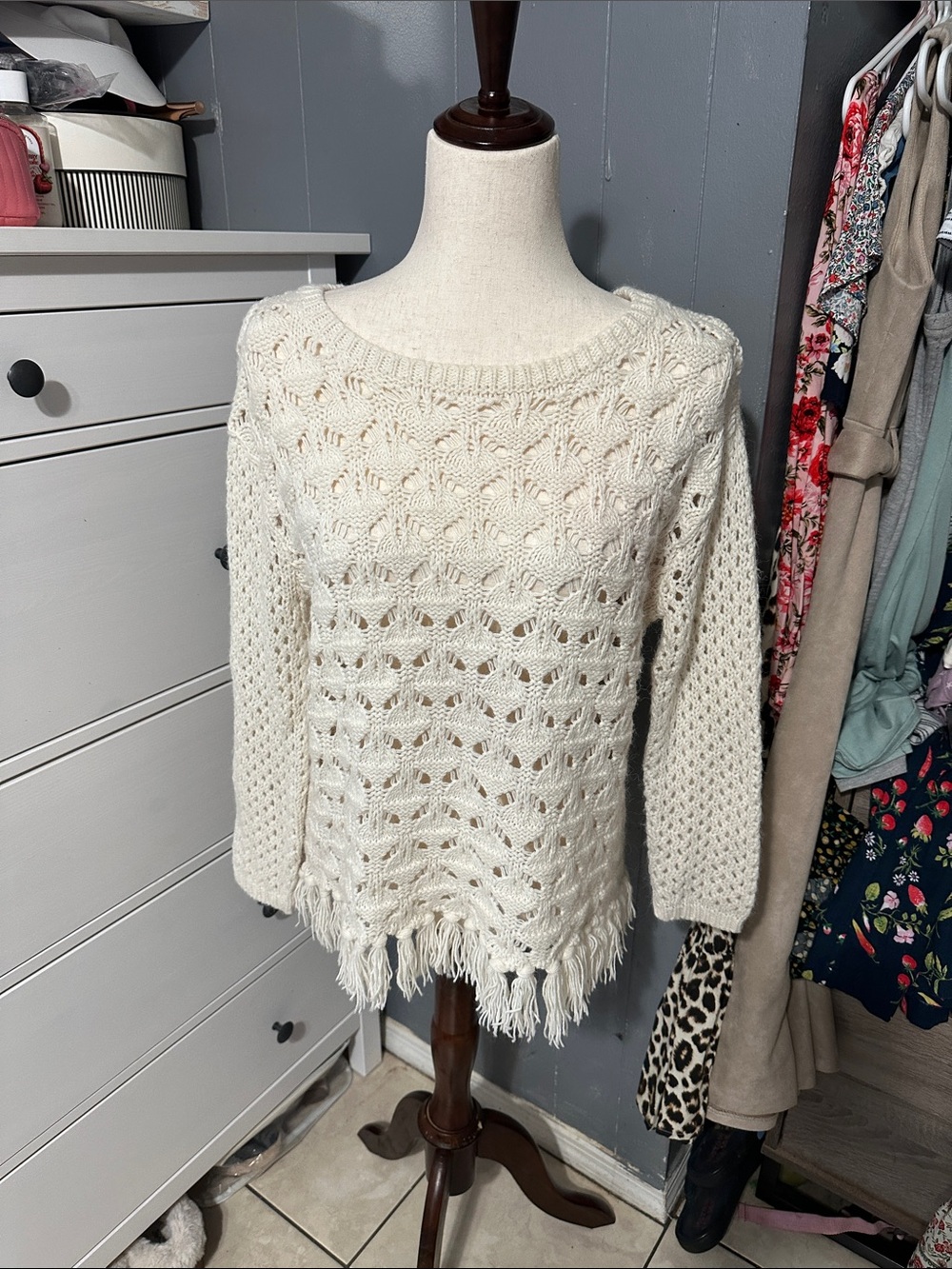 Ruby Rd. Ivory Open-Knit Fringe Pullover